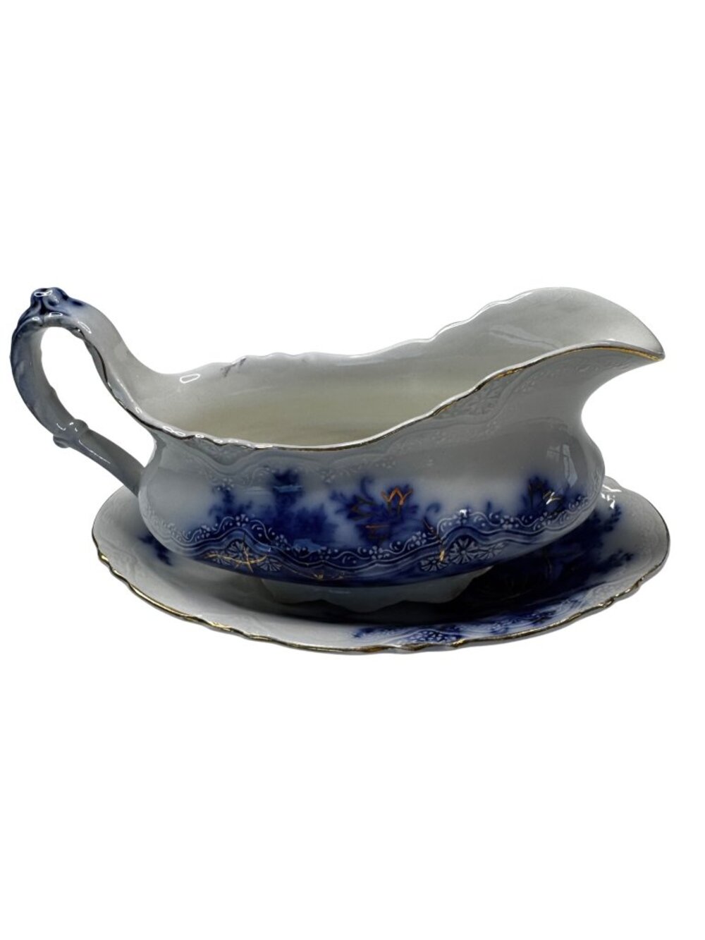 Antique Alfred Meakin Harvest Flow Blue Gravy Boat Porcelain w Underplate Relish